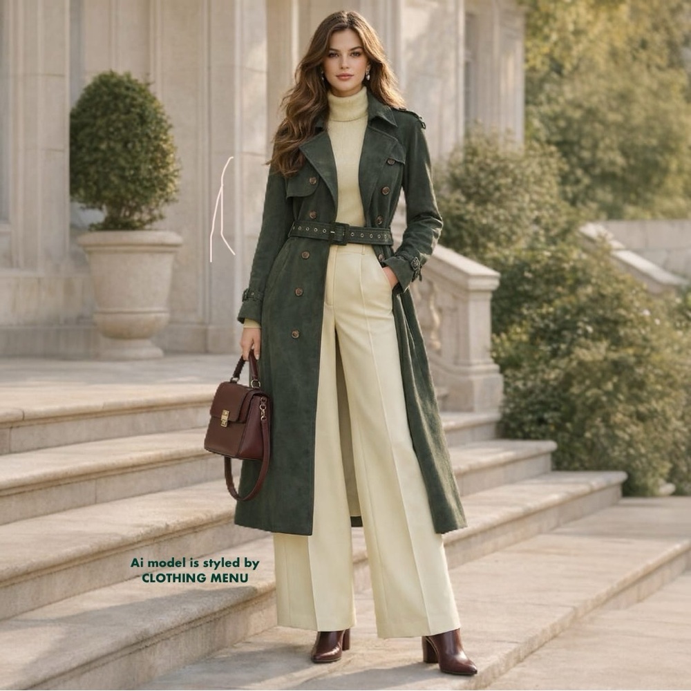 Spring Trench Coat Double Breasted Green Faux Suede | Women's Size: Large
